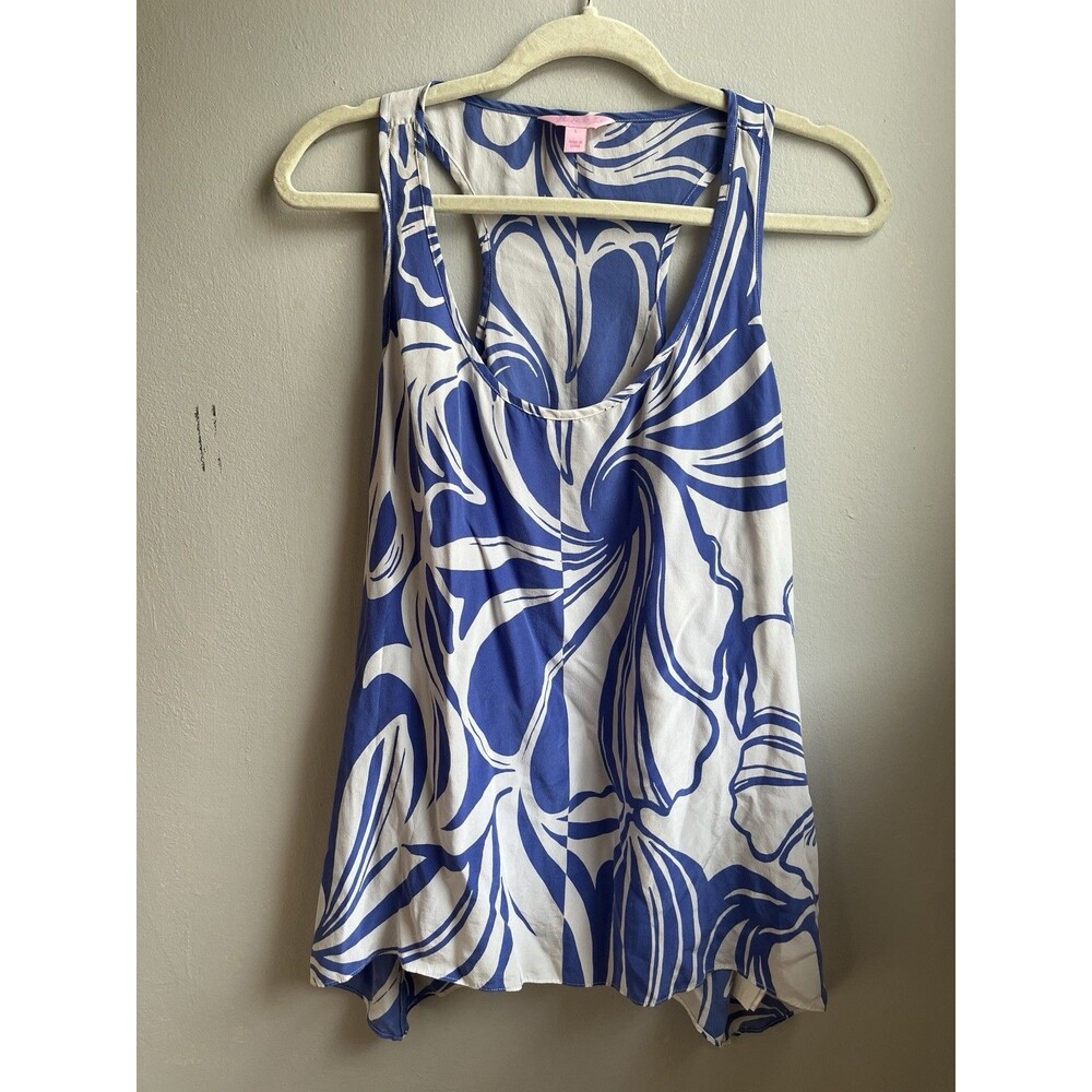 Lilly Pulitzer Womens L Blue Floral Malie Silk Racerback Handkerchief Hem Top